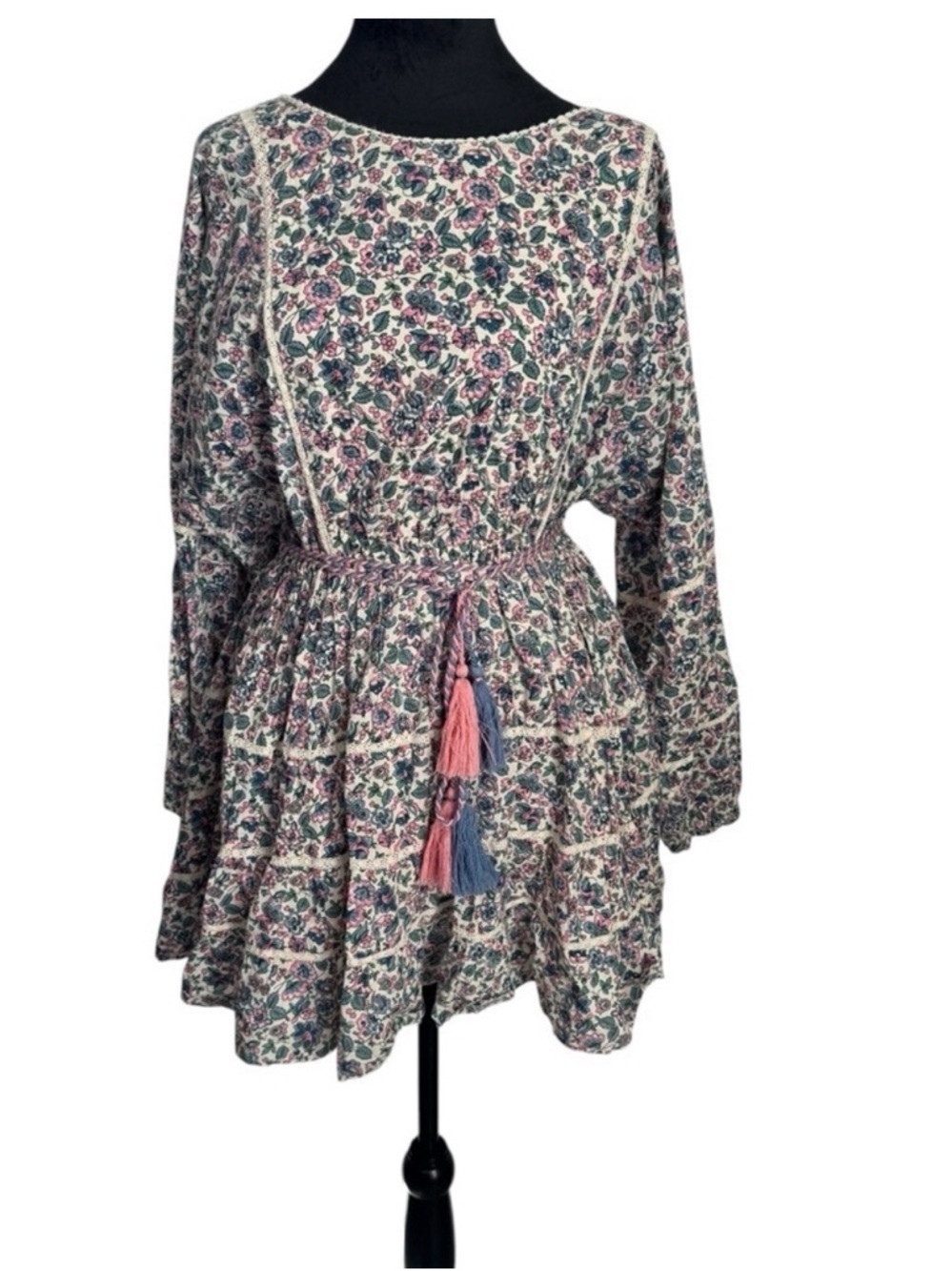 LoveShackFancy Noelle Floral Mini Dress in Cream, Pink & Green